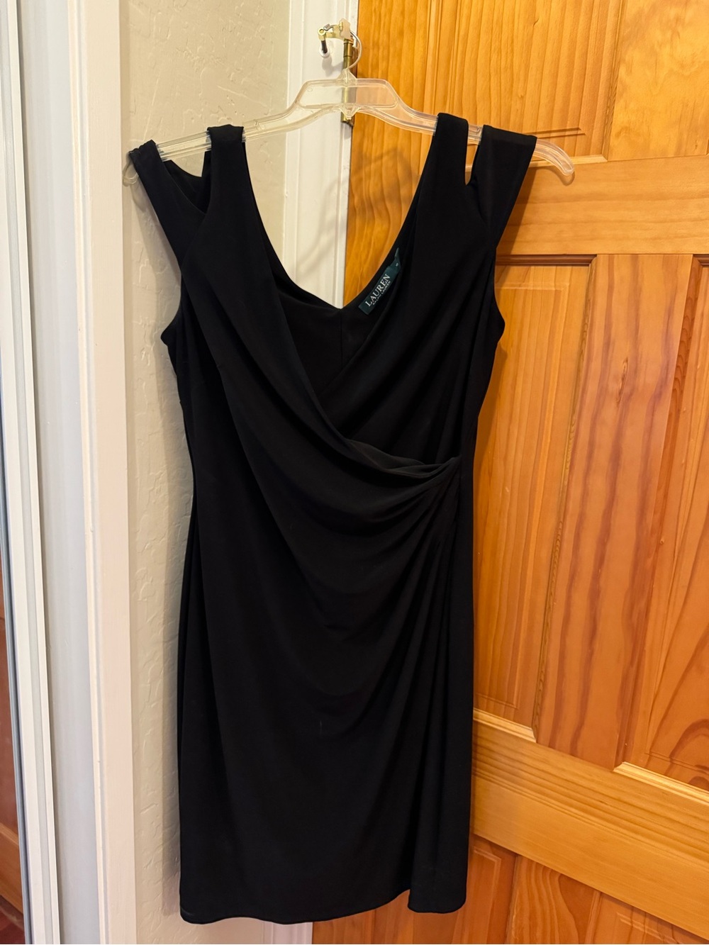 Lauren Ralph Lauren Black V-Neck Faux Wrap Midi Dress with Draped Front